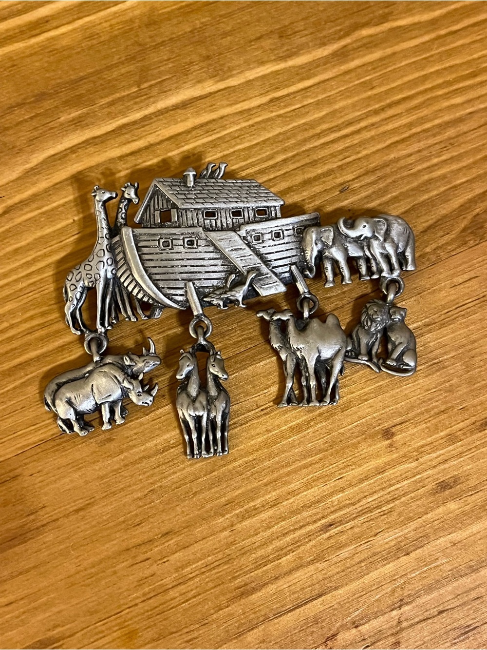 Vintage JJ Noah’s Ark brooch silver tone Ark and dangling animals 3” across